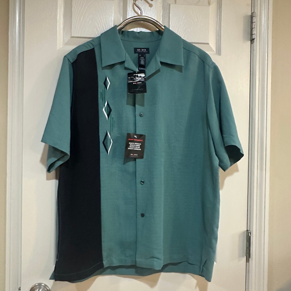 Axcess Liz Claiborne Mens Large Teal Blue Bowling Shirt Diamond Embroidered NWT